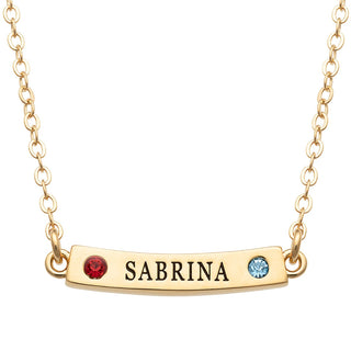 14K Gold Plated Engraved Name and Birthstone Curved Bar Necklace