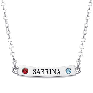 Silver Plated Engraved Name and Birthstone Curved Bar Necklace