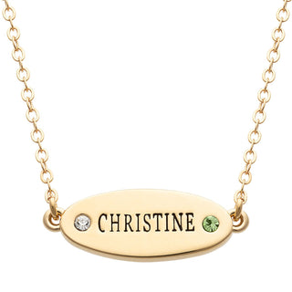 14K Gold Plated Engraved Name and Birthstone Oval Plaque Necklace