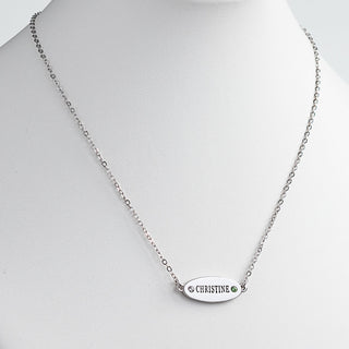 Silver Plated Engraved Name and Birthstone Oval Plaque Necklace