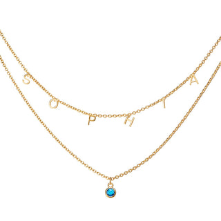 14K Gold Plated Birthstone and Dainty Letters Layered Name Necklaces