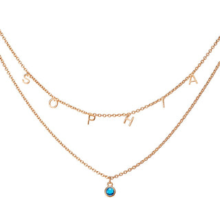 14K Rose Gold Plated Birthstone and Dainty Letters Layered Name Necklaces