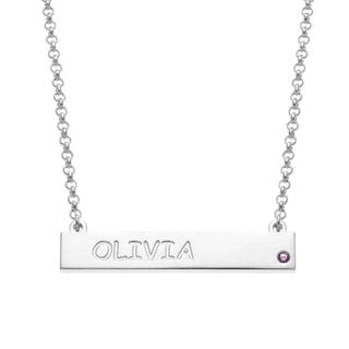 Silver Plated Engraved Name and Birthstone Mini Bar Necklace