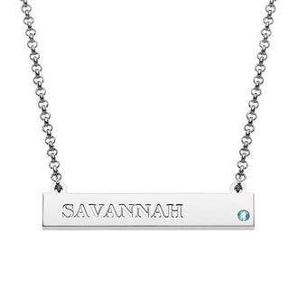 Silver Plated Engraved Name and Birthstone Mini Bar Necklace