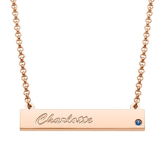 14K Rose Gold Plated Engraved Name and Birthstone Mini Bar Necklace