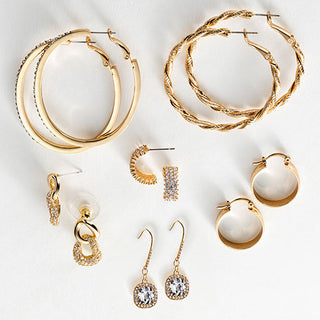 6 Pair Gold Plated Hoop Earring Set With Stone Accents