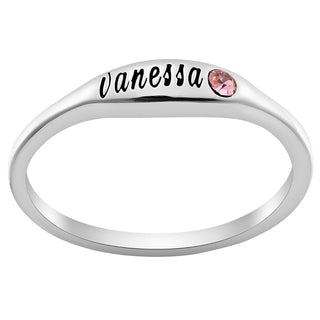 Silver Plated Engraved Name and Birthstone Oval Stackable Ring