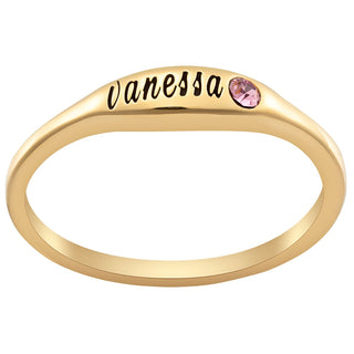 14K Gold Plated Engraved Name and Birthstone Oval Stackable Ring