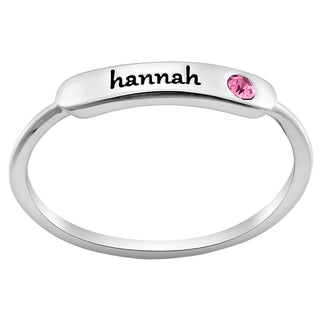 Silver Plated Engraved Name and Birthstone Rectangle Stackable Ring