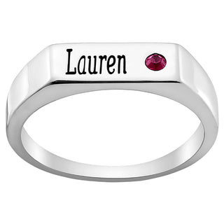 Silver Plated Engraved Name and Birthstone Rectangle Ring