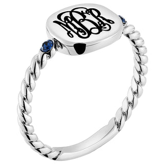 Silver Plated Petite Monogram Square with Birthstones Roped Band Ring