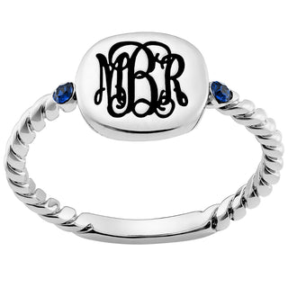Silver Plated Petite Monogram Square with Birthstones Roped Band Ring
