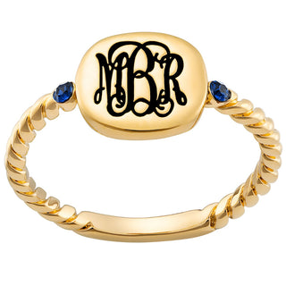 14K Gold Plated Petite Monogram Square with Birthstones Roped Band Ring