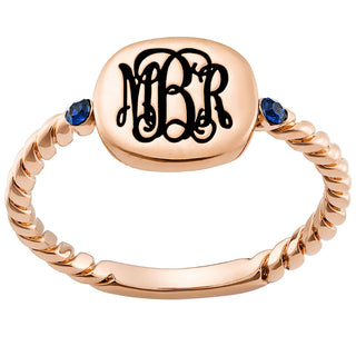 14K Rose Gold Plated Petite Monogram Square with Birthstones Roped Band Ring
