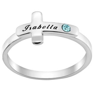 Silver Plated Engraved Name and Birthstone Cross Ring