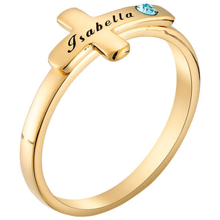 14K Gold Plated Engraved Name and Birthstone Cross Ring