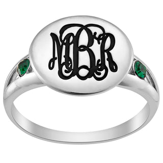 Silver Plated Engraved Monogram and Birthstone Double Band Ring