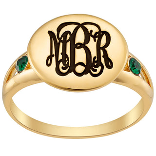 14K Gold Plated Engraved Monogram and Birthstone Double Band Ring