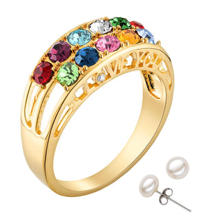 14K Gold Plated I Love You Family Birthstone and Diamond Accent Ring with Free Pearl Earrings - Pierced