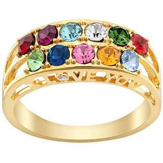 14K Gold Plated I Love You Family Birthstone and Diamond Accent Ring with Free Pearl Earrings - Pierced