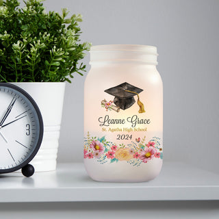 Floral Graduation Cap Personalized Frosted Mason Jar Votive Holder