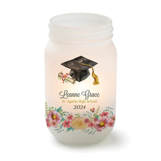 Floral Graduation Cap Personalized Frosted Mason Jar Votive Holder