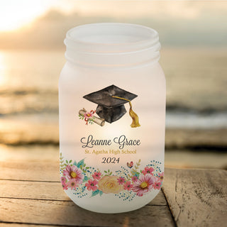 Floral Graduation Cap Personalized Frosted Mason Jar Votive Holder