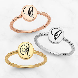 14K Rose Gold over Sterling Engraved Script Initial Beaded Ring