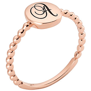 14K Rose Gold Plated Engraved Script Initial Beaded Ring