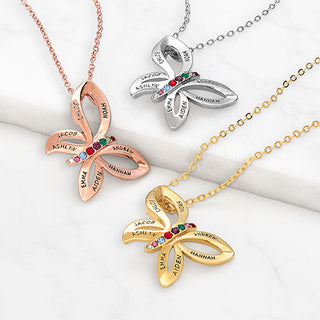 Persoanlized Engraved Name and Birthstone Family Butterfly Necklace