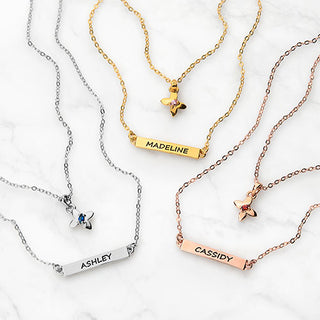 Personalized Birthstone Butterfly and Engraved Bar Layered Necklace