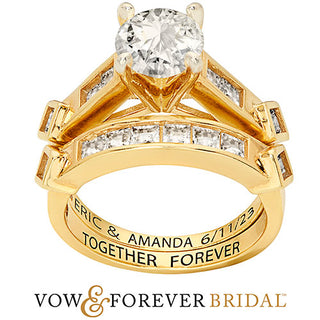 14K Gold over Sterling Brilliant White Topaz 2 Piece Engraved Wedding Set