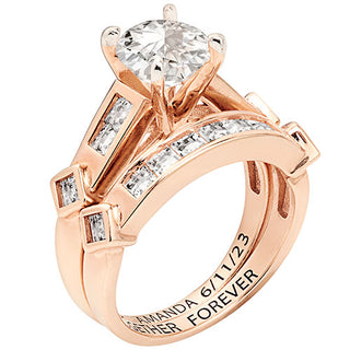 14K Rose Gold over Sterling Brilliant White Topaz 2 Piece Engraved Wedding Set