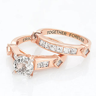 14K Rose Gold over Sterling Brilliant White Topaz 2 Piece Engraved Wedding Set