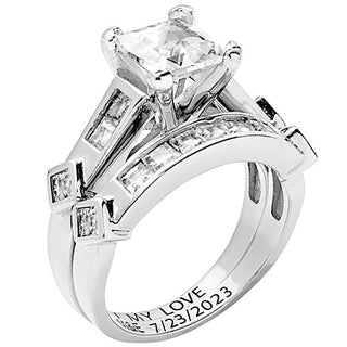 Platinum over Sterling Square White Topaz 2 Piece Engraved Wedding Set