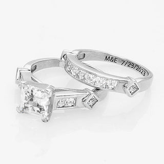 Platinum over Sterling Square White Topaz 2 Piece Engraved Wedding Set