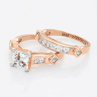 14K Rose Gold over Sterling Square White Topaz 2 Piece Engraved Wedding Set