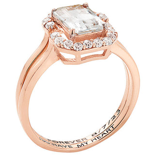 14K Rose Gold over Sterling Emerald Cut White Topaz 2 Piece Engraved Wedding Set