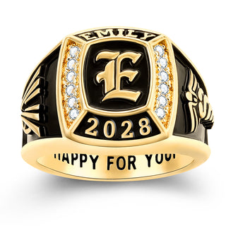 Women's 14K Gold Plated Initial Traditional CZ Square Birthstone Class Ring