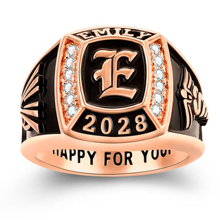 Women's 14K Rose Gold Plated Initial Traditional CZ Square Birthstone Class Ring