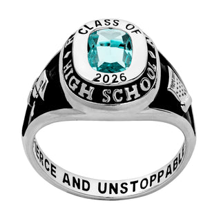 Ladies' Platinum Plated Traditional Cushion Birthstone Class Ring