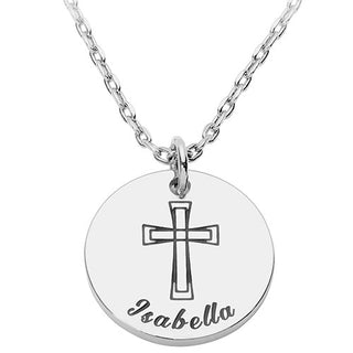 Petite Engraved Name and Cross Disc Necklace