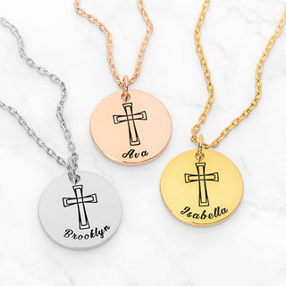 Petite Engraved Name and Cross Disc Necklace