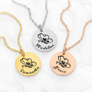 Petite Engraved Name and Butterfly Disc Necklace
