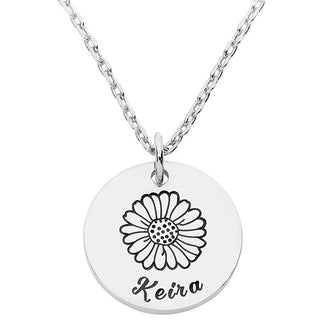 Petite Engraved Name and Daisy Disc Necklace