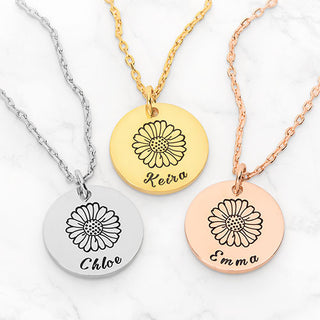 Petite Engraved Name and Daisy Disc Necklace