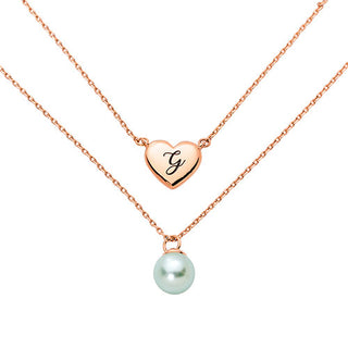 Engraved Heart and Birthstone Pearl Layered Necklace