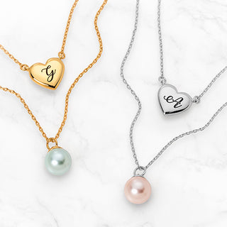 Engraved Heart and Birthstone Pearl Layered Necklace