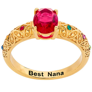 14K Gold Plated Fine Filigree Oval Family Birthstone Ring
