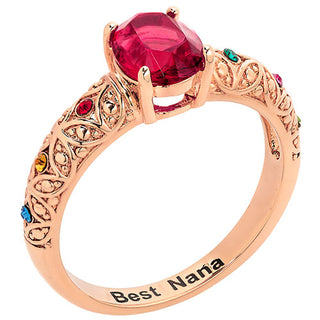 14K Rose Gold Plated Fine Filigree Oval Family Birthstone Ring